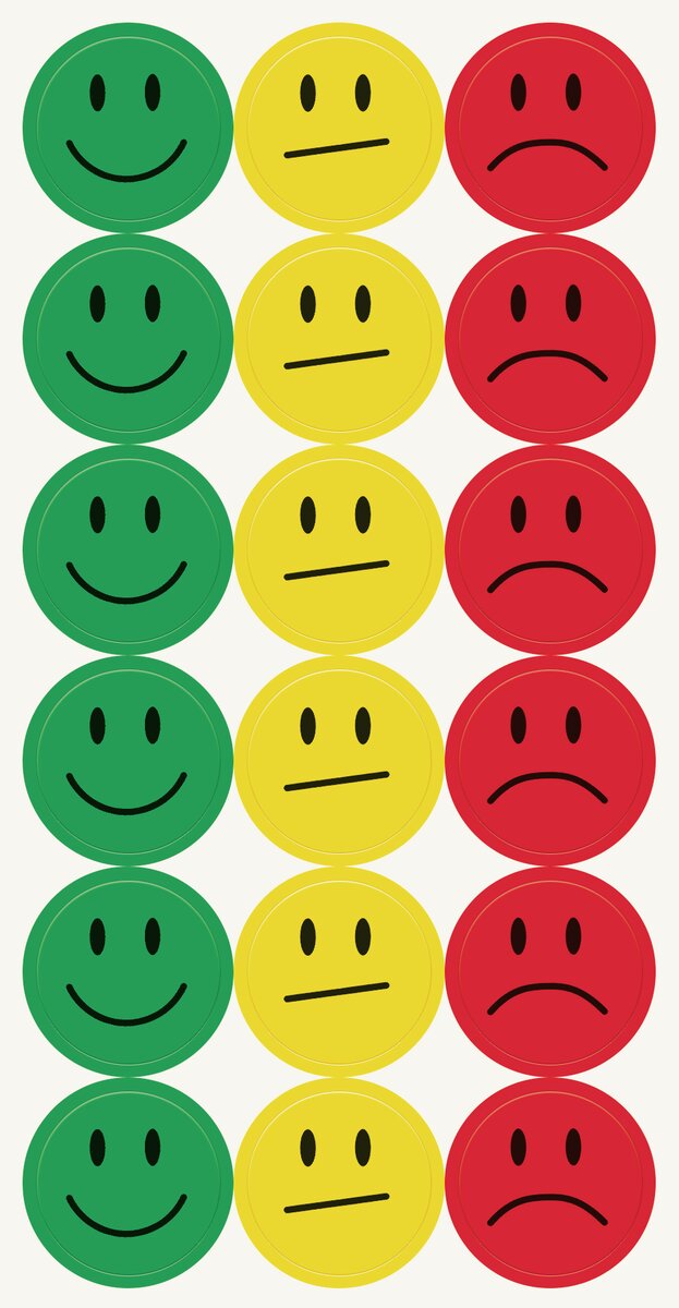 Green laughing, yellow neutral, red sad smileys in rows