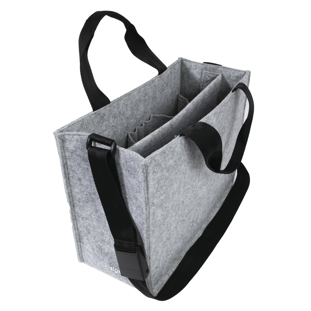 Grey felt bag with black straps and inner compartments