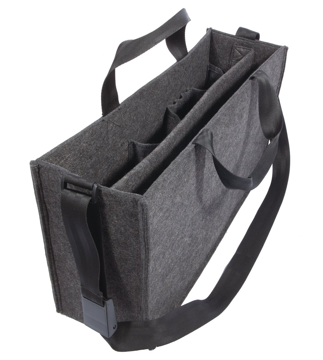 Grey felt bag with carrying handles and shoulder straps, several inner compartments