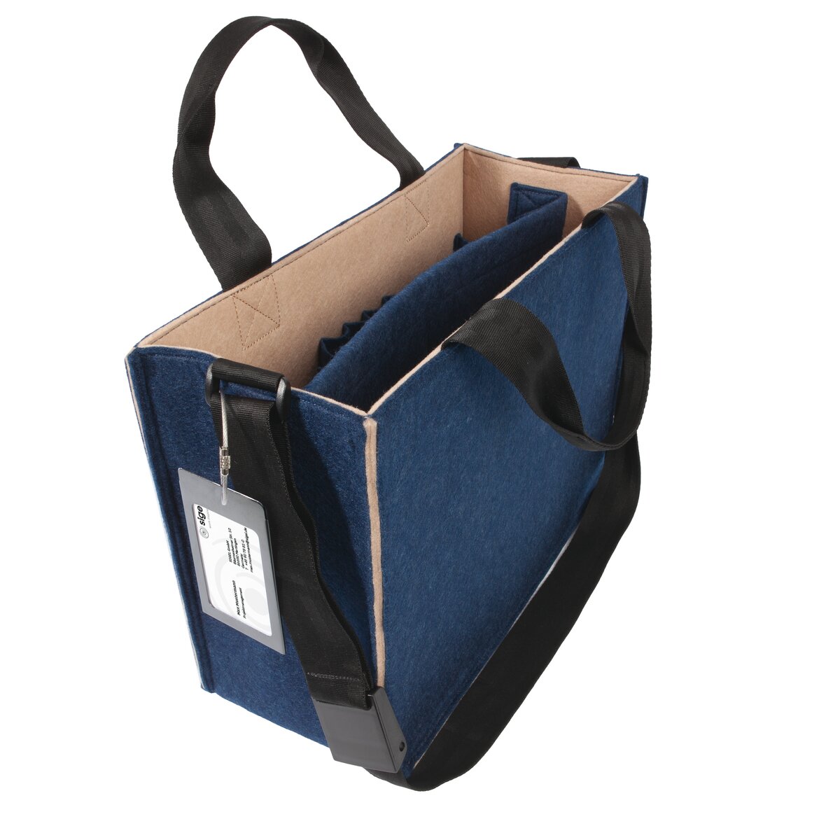 Blue felt bag with black straps