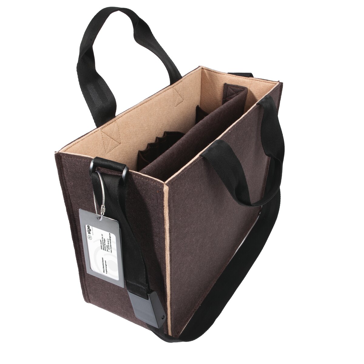 Brown felt bag with black handles and inner compartments Front with pendant