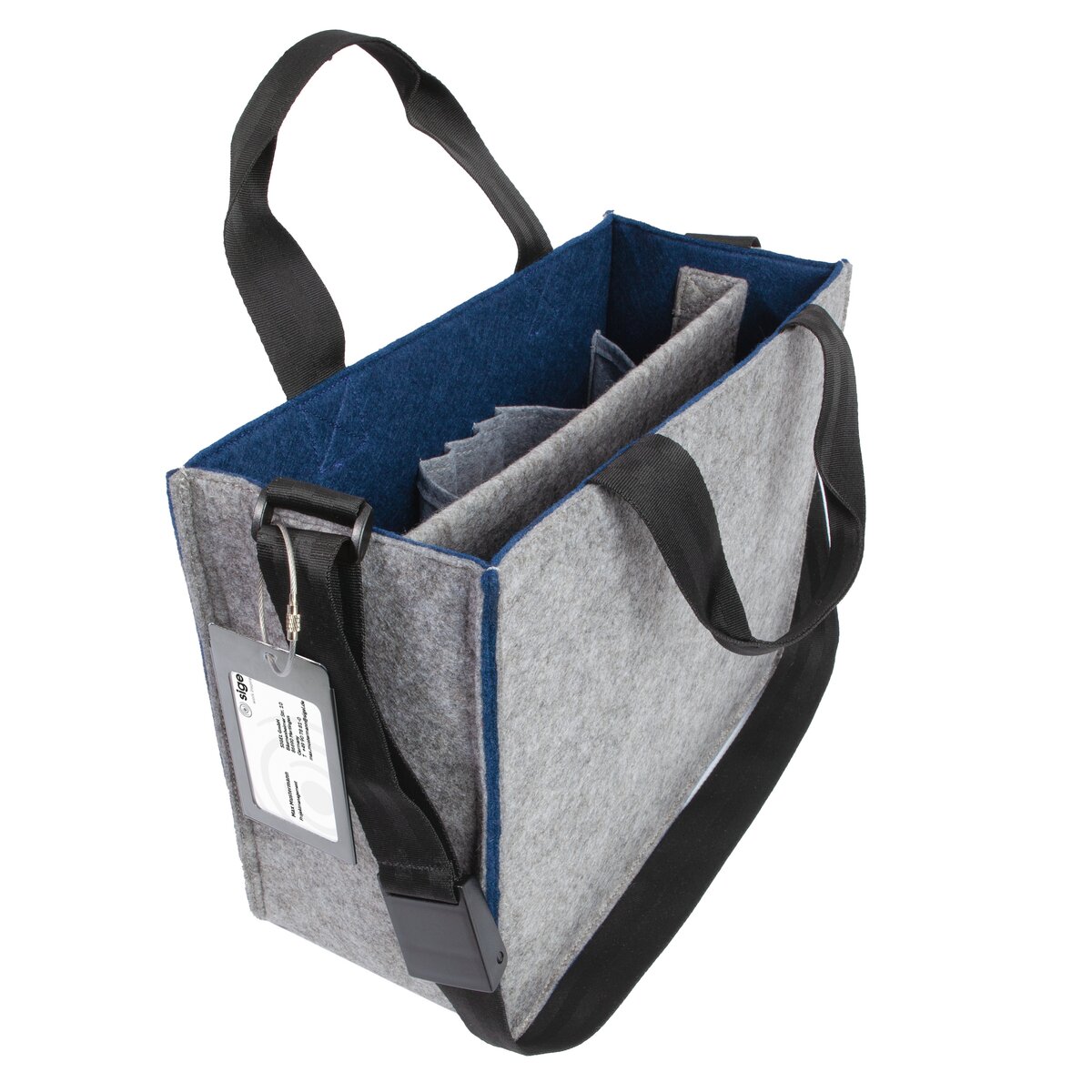 Grey felt bag with black handles, blue inner compartments