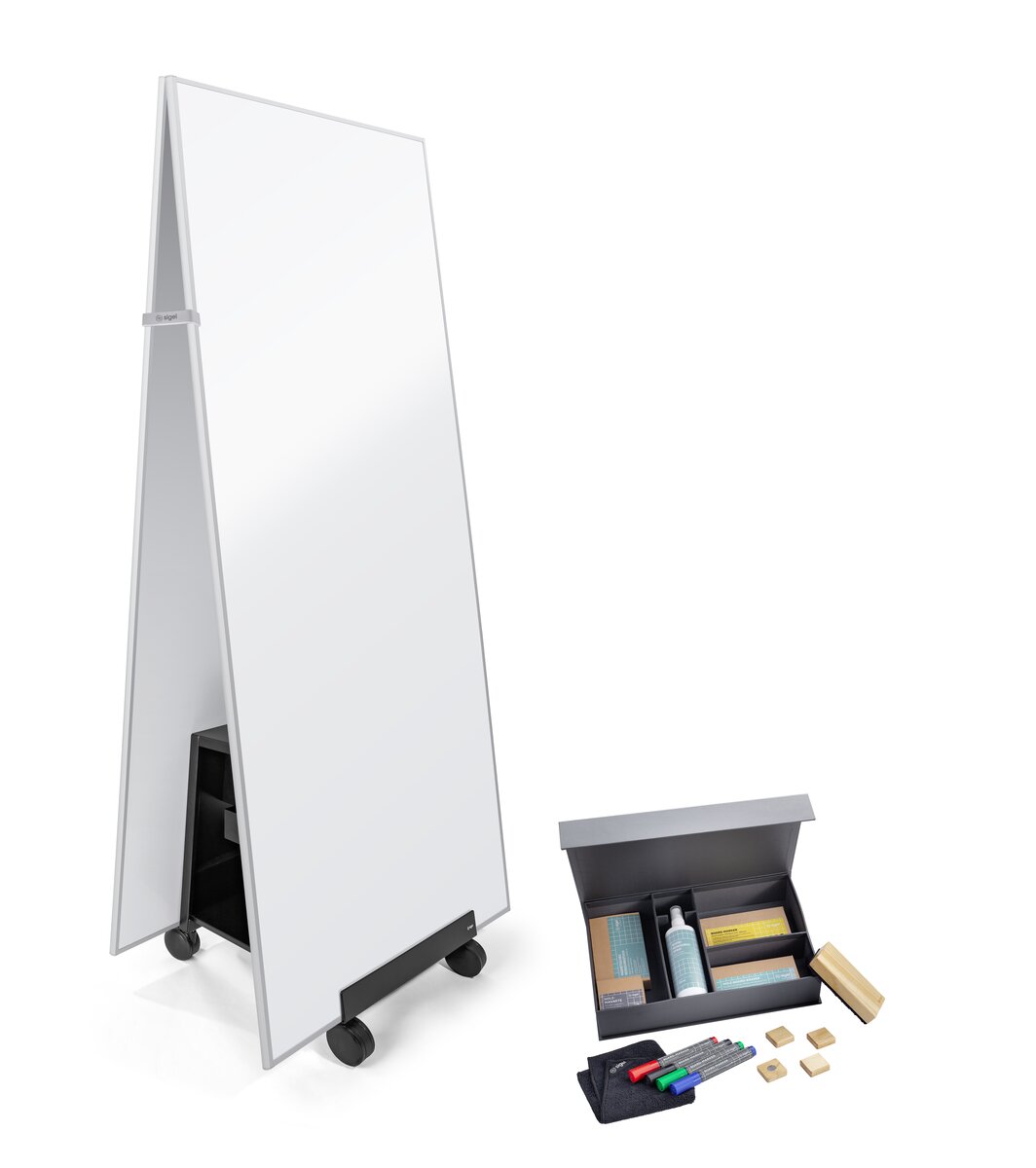 Double mobile whiteboard with accessory box, felt-tip pens and cleaning products
