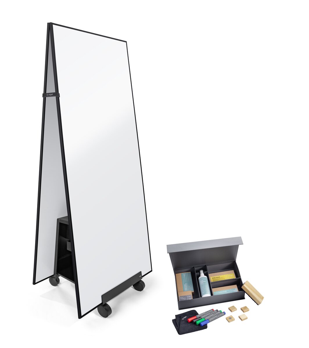 Mobile flipchart with accessory box; pens, cleaners