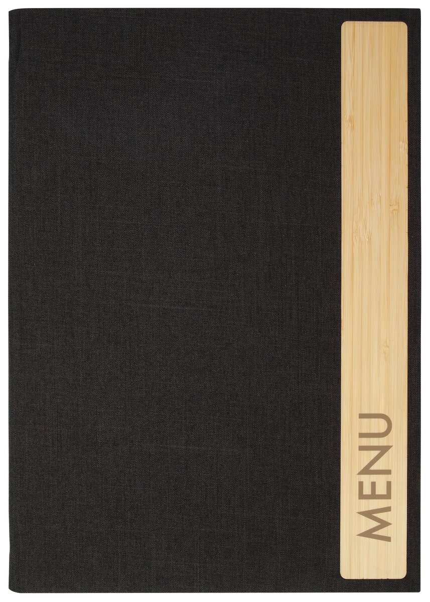 Black menu with wooden border menu standing vertically on the edge