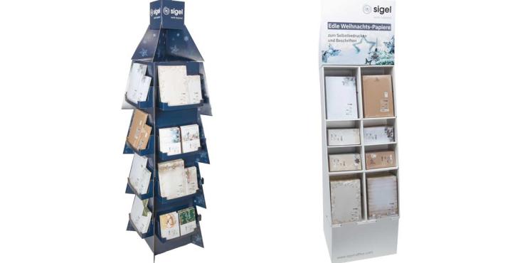Zwei Verkaufsdisplays mit den Weihnachtsartikeln von SIGEL