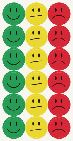 Green laughing, yellow neutral, red sad smileys in rows