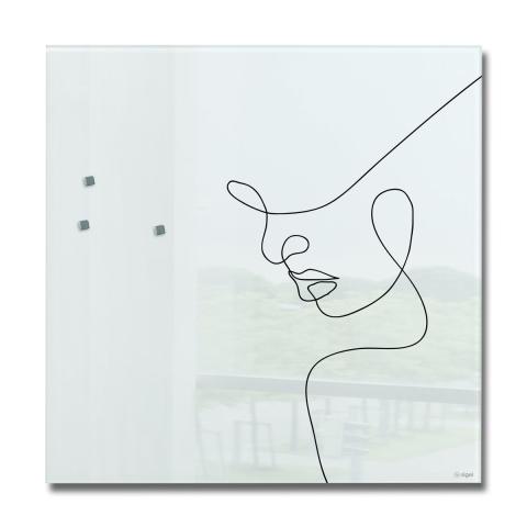 Line drawing of a face on a white background, three square magnets on the left