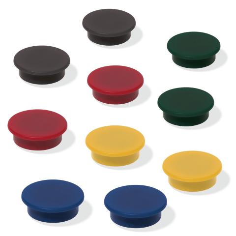 Ten colourful, round plastic lids