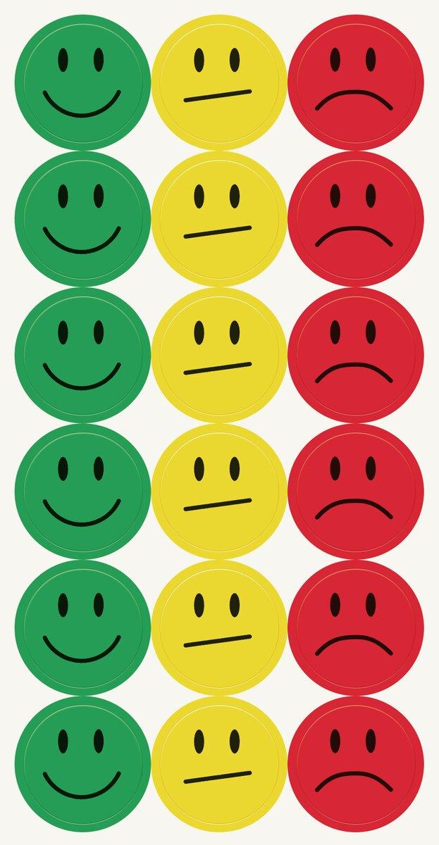 Green laughing, yellow neutral, red sad smileys in rows