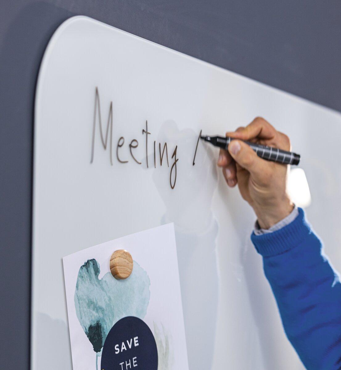 Hand writing "Meeting" on whiteboard Underneath a pinned sheet