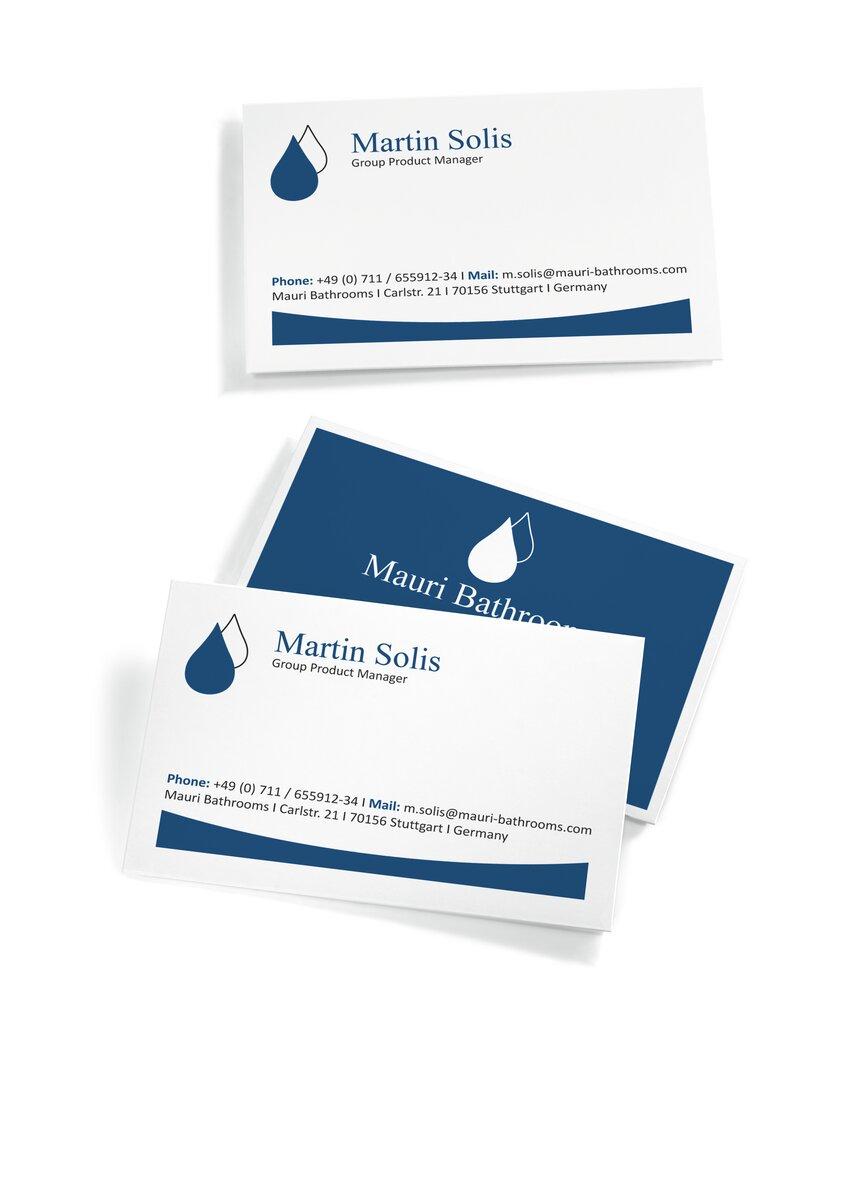 Business cards with blue teardrop logo, contact information for Mauri Bathrooms