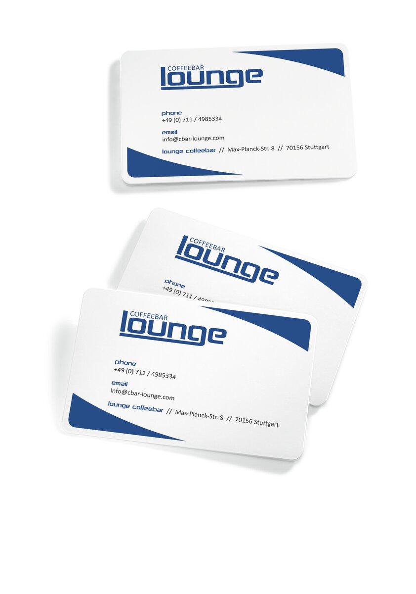 Three white business cards with blue elements and contact information for Coffeebar Lounge