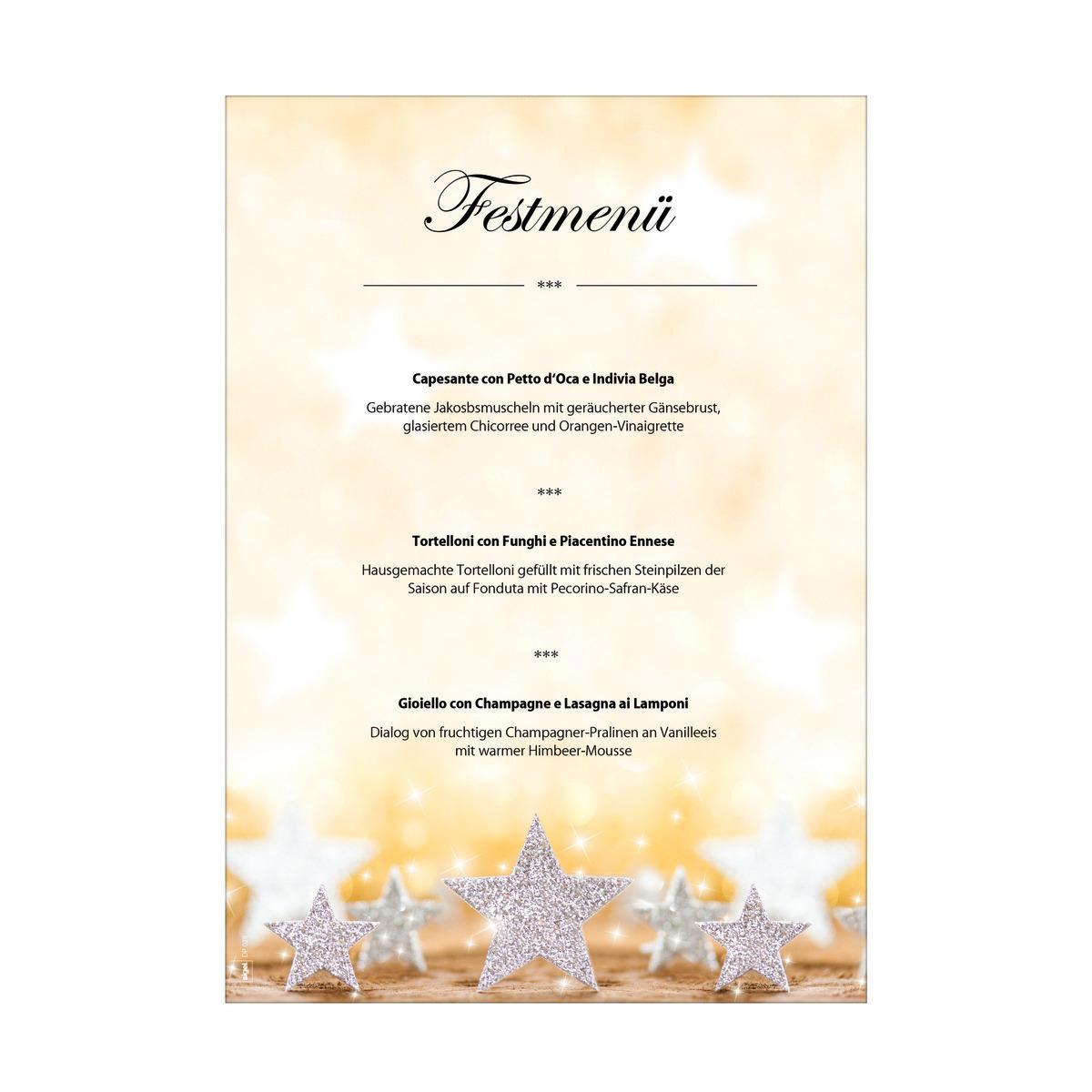 festive menu with three courses; decorated with glittering stars