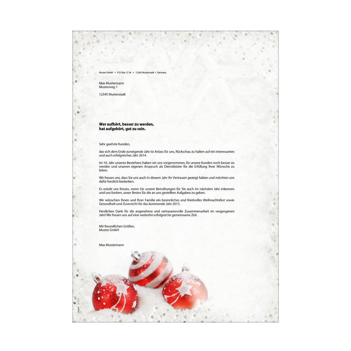 Christmas letter with greeting text, three red Christmas tree baubles on white background
