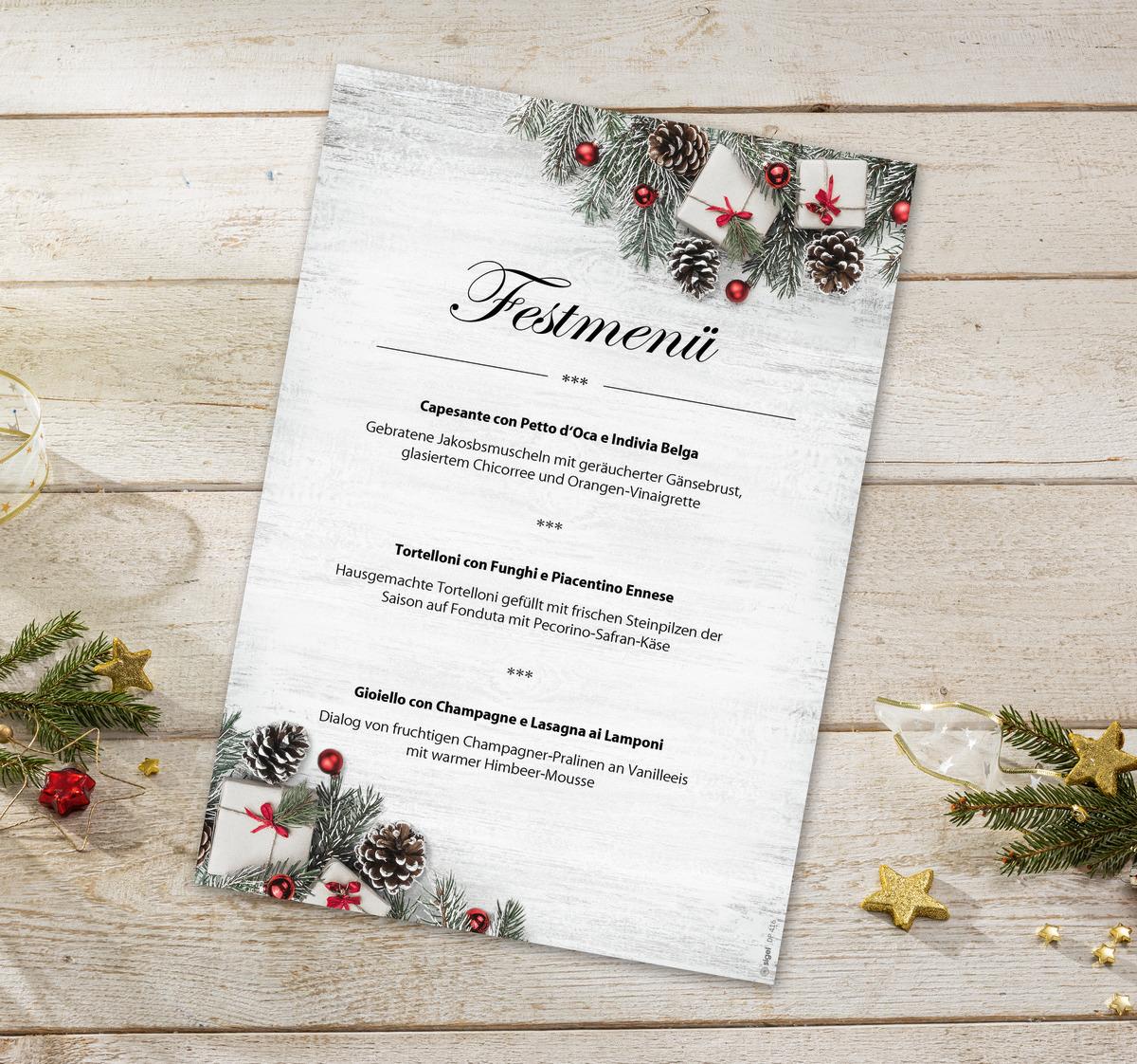 Festive menu card with fir branches and gifts on wooden plate