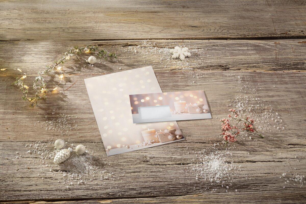 Christmas card on wood with fairy lights