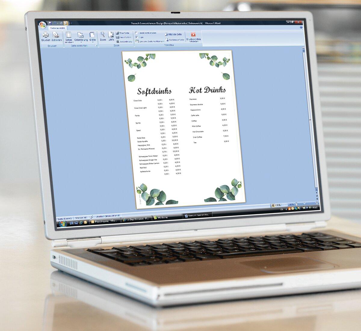 Laptop showing menu with drink prices