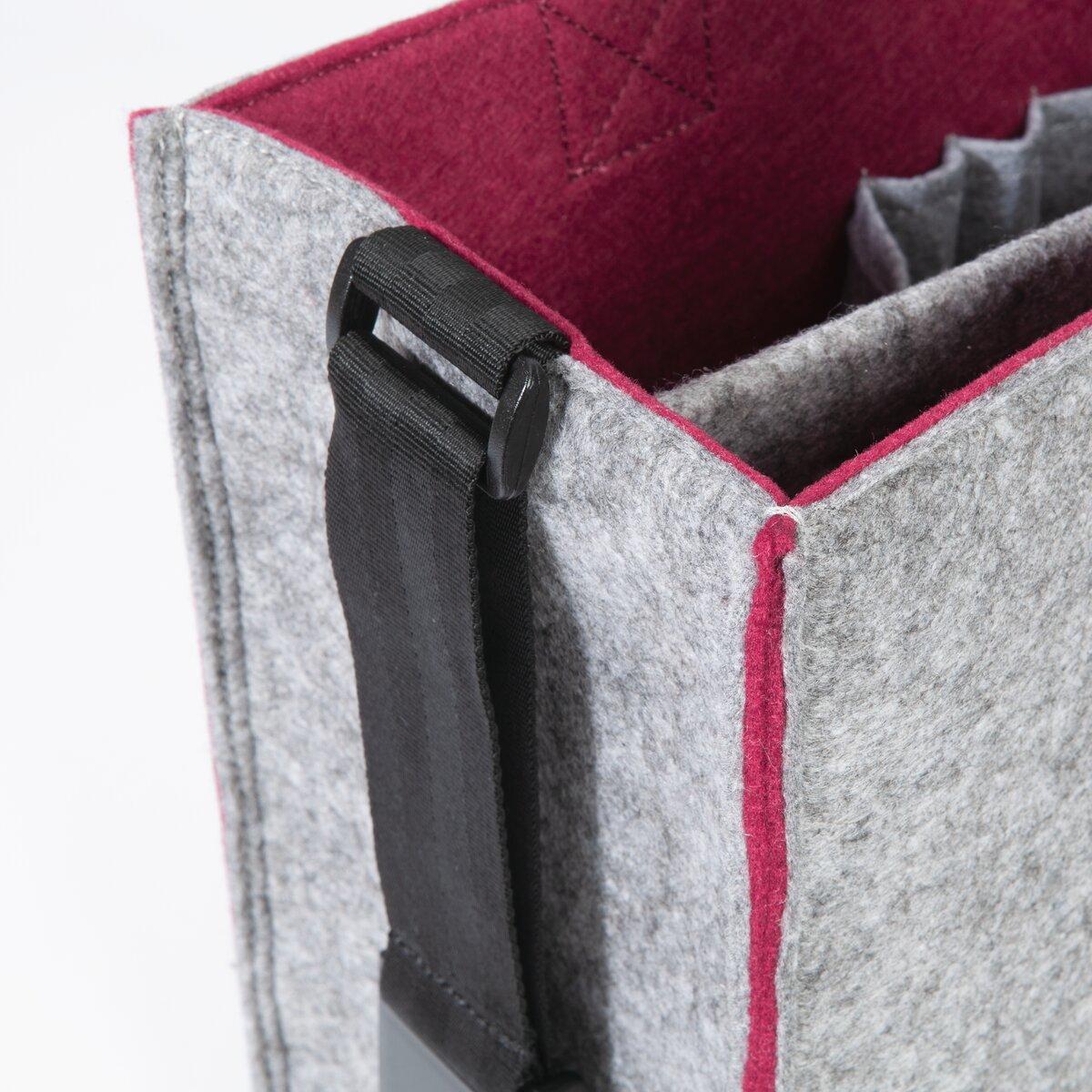 Graue Filztasche mit rotem Innenfutter und schwarzem Gurtgriff