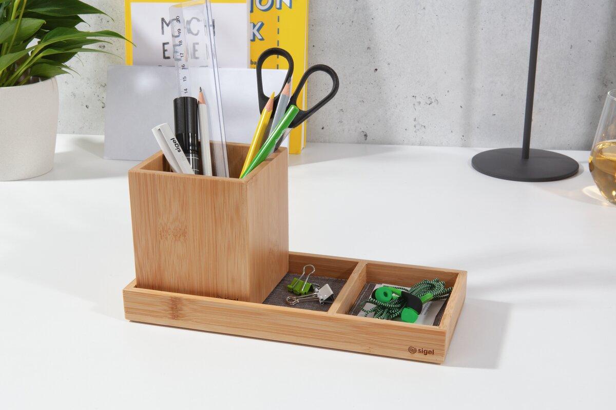 Wooden pen holder with office supplies