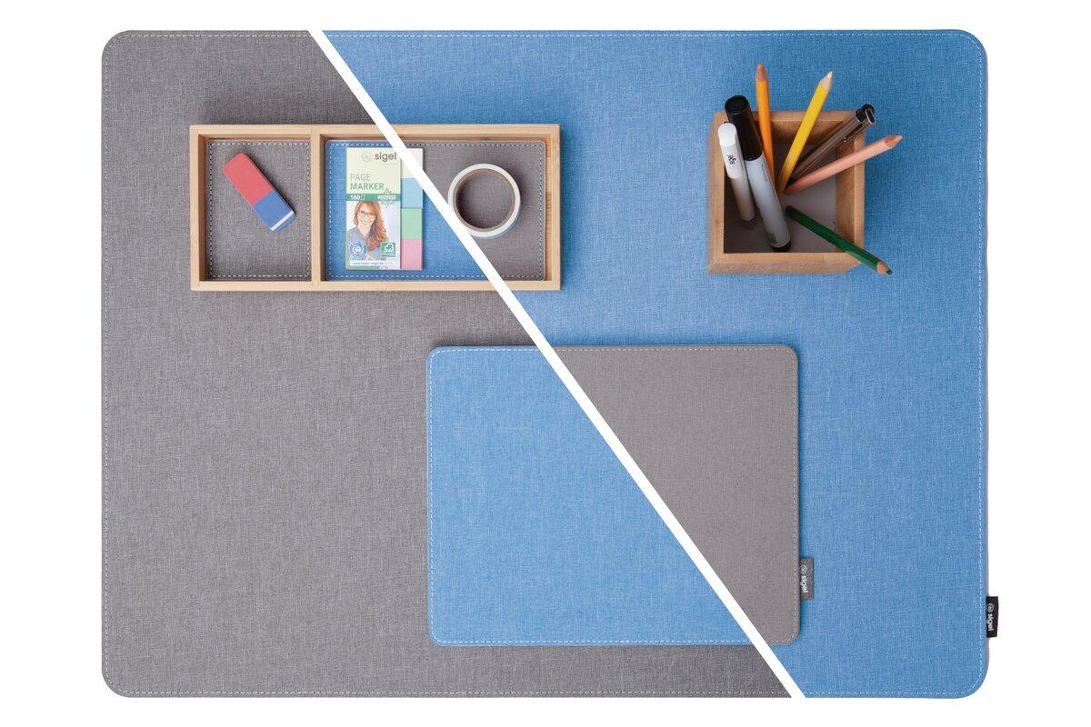 Desk pad with utensils, divided into grey and blue halves Left: notes and eraser, right: pen holder