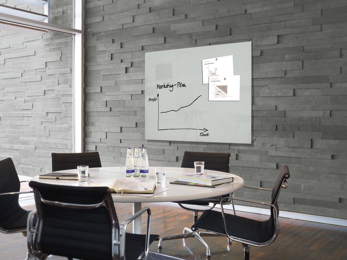 conference table with chairs; Whiteboard with graph