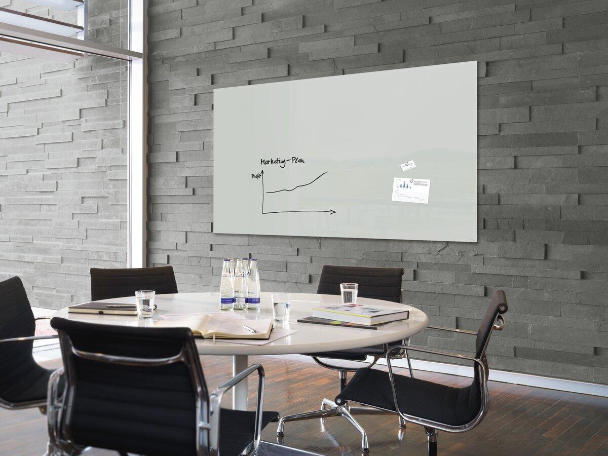 Conference room with table, chairs, blackboard with diagrams