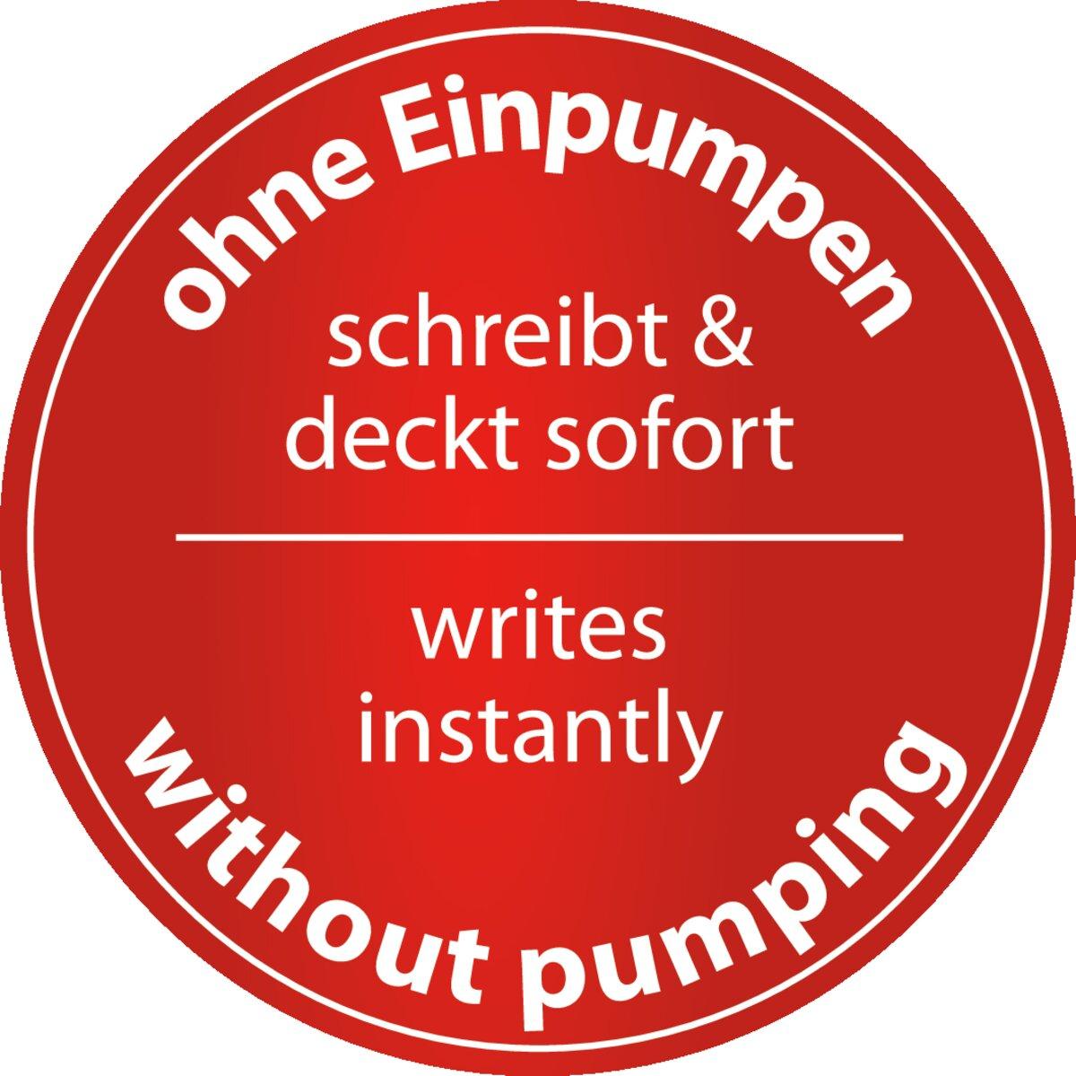 Roter Kreis mit Text: ohne Einpumpen, schreibt & deckt sofort, writes instantly, without pumping