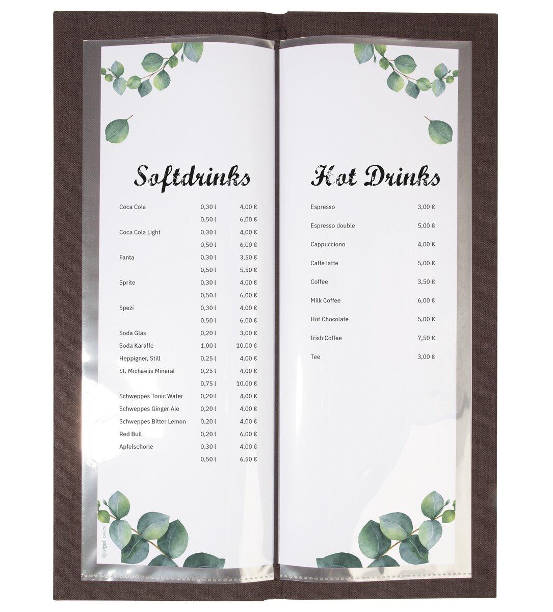 Menu with soft and hot drinks, prices next to