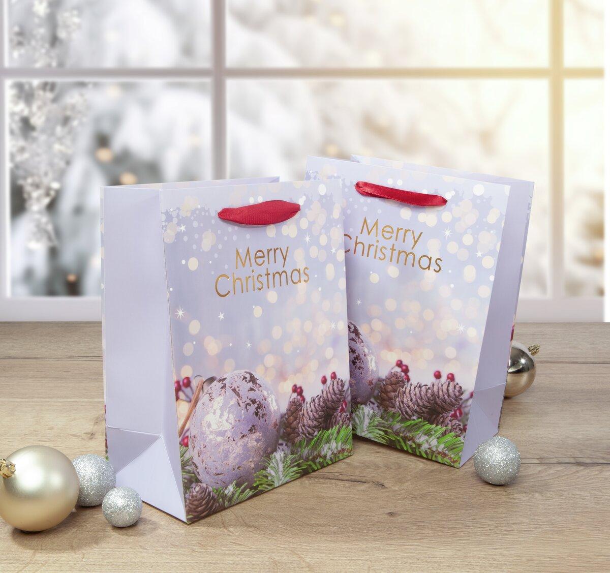 Two Merry Christmas printed gift bags surrounded by baubles in front of a window with a wintry view