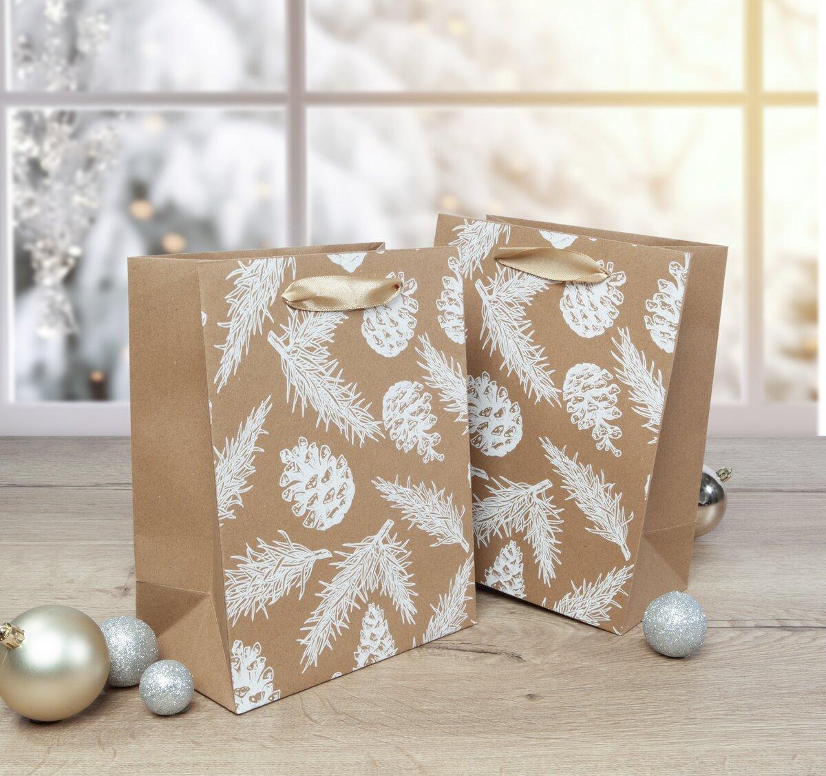 Brown gift bags with pine cone pattern