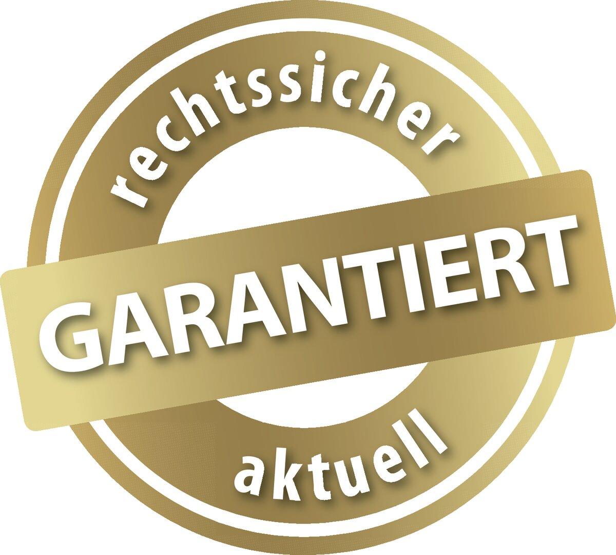 Goldenes Siegel mit Text: Rechtssicher, garantiert, aktuell