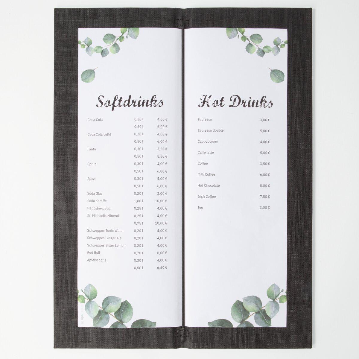 Menu with soft and hot drinks