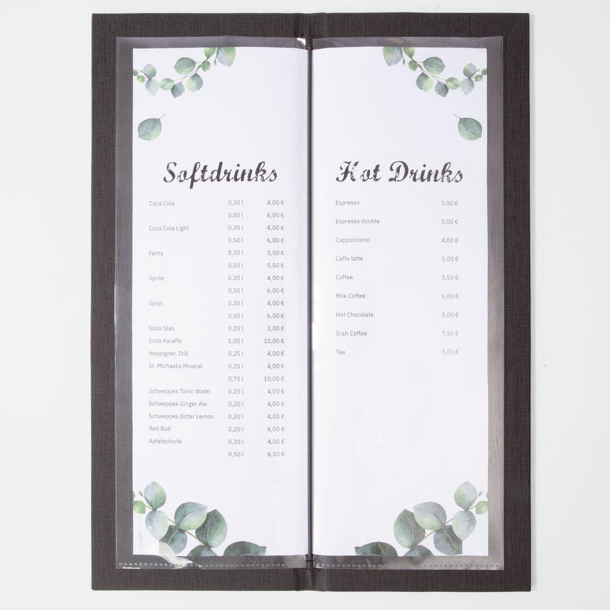 Menu with soft drinks and hot drinks, each with prices