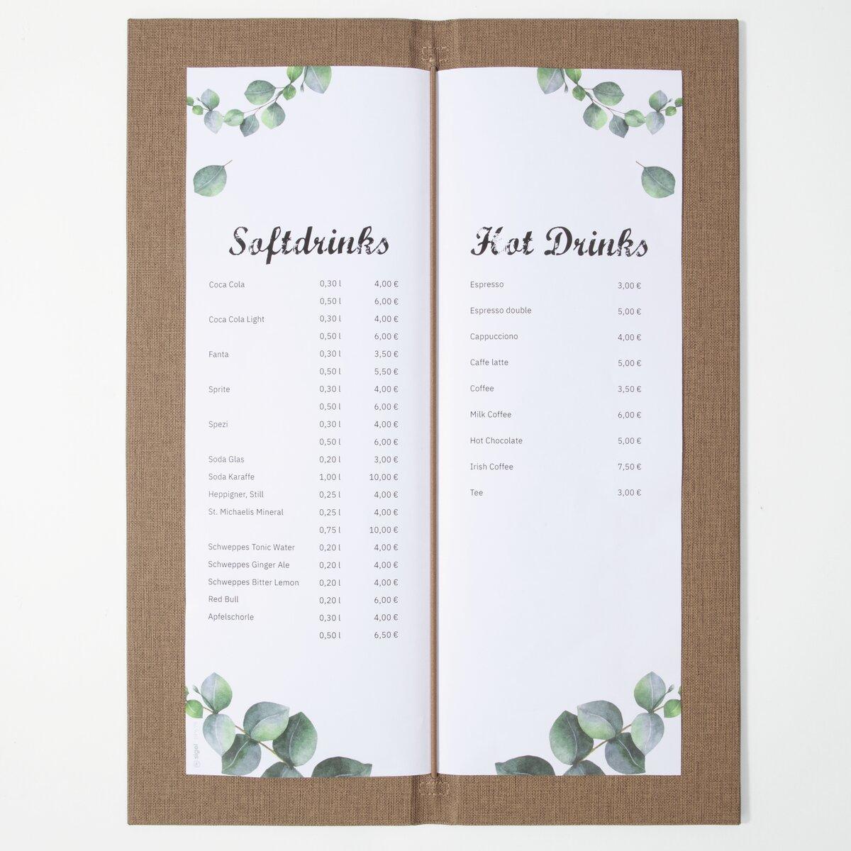 Drinks menu with soft and hot drinks, prices in Euro