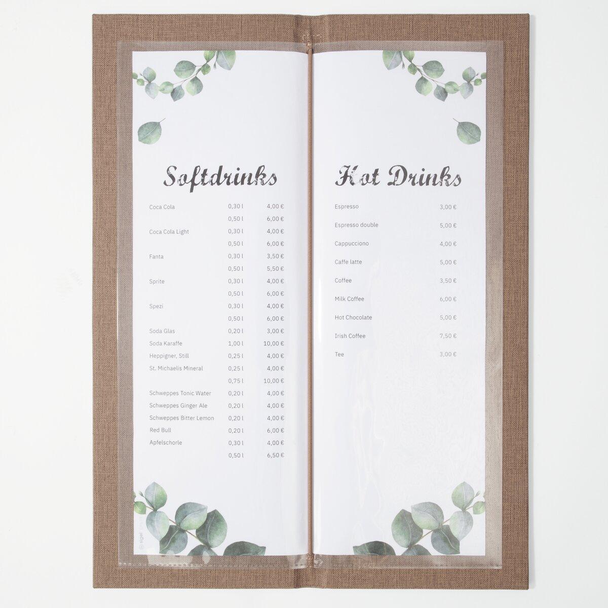 Drinks menu with soft and hot drinks, each with prices next to eucalyptus motifs