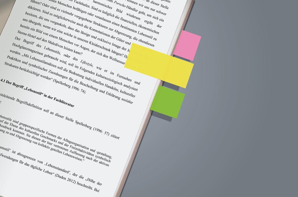 Book page with text and three coloured sticky notes in pink, yellow, green