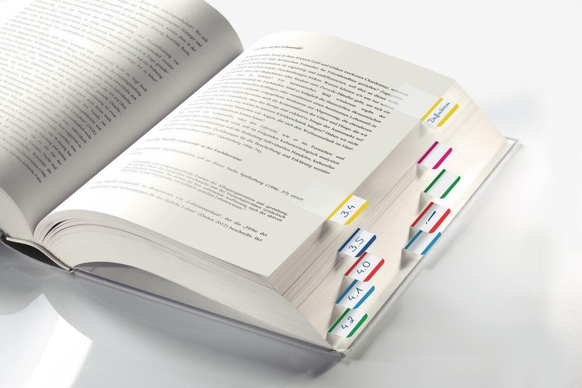 Open book with several coloured tabs on the right side