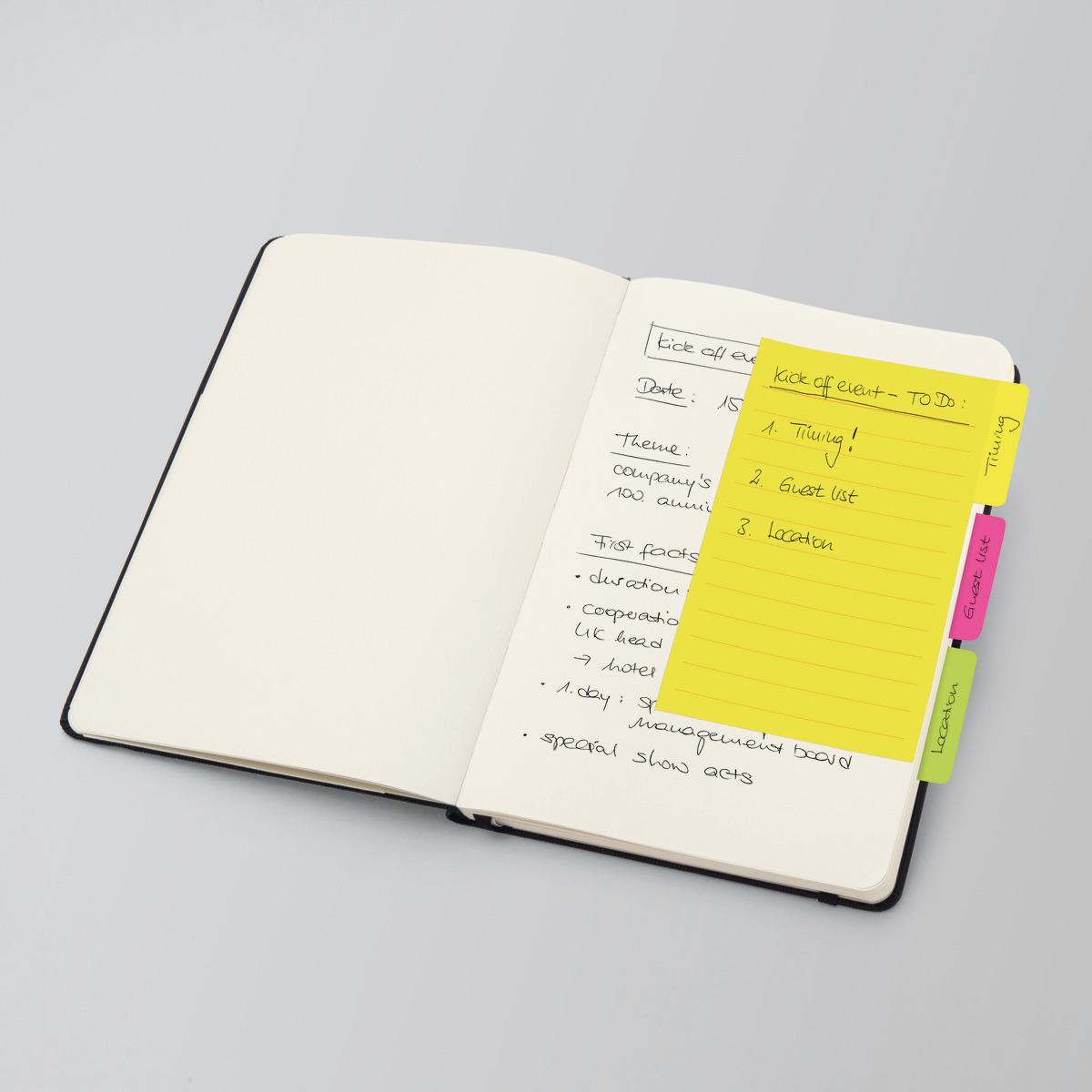 Notebook with handwritten notes and attached tabs A yellow piece of paper lists to-dos