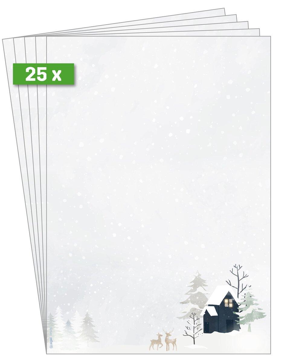 Snowy landscape with trees, house and deer snowflakes in the foreground