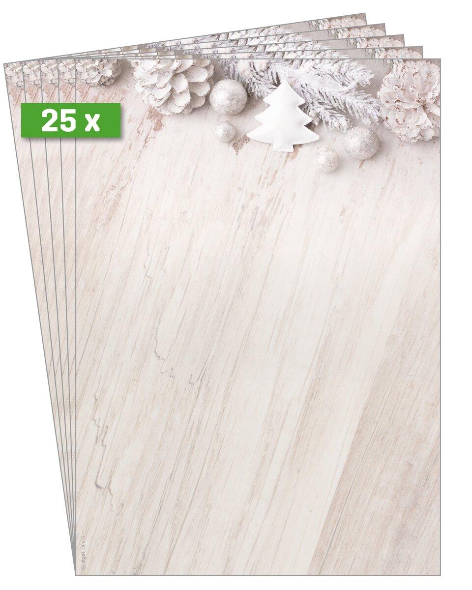 25 white letterheads with Christmas elements at the top right