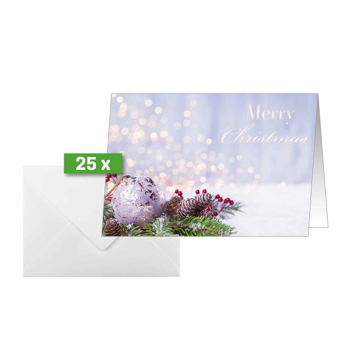 Christmas Card with Ball, Pine Cones and Merry Christmas Lettering 25 Cards with Envelopes