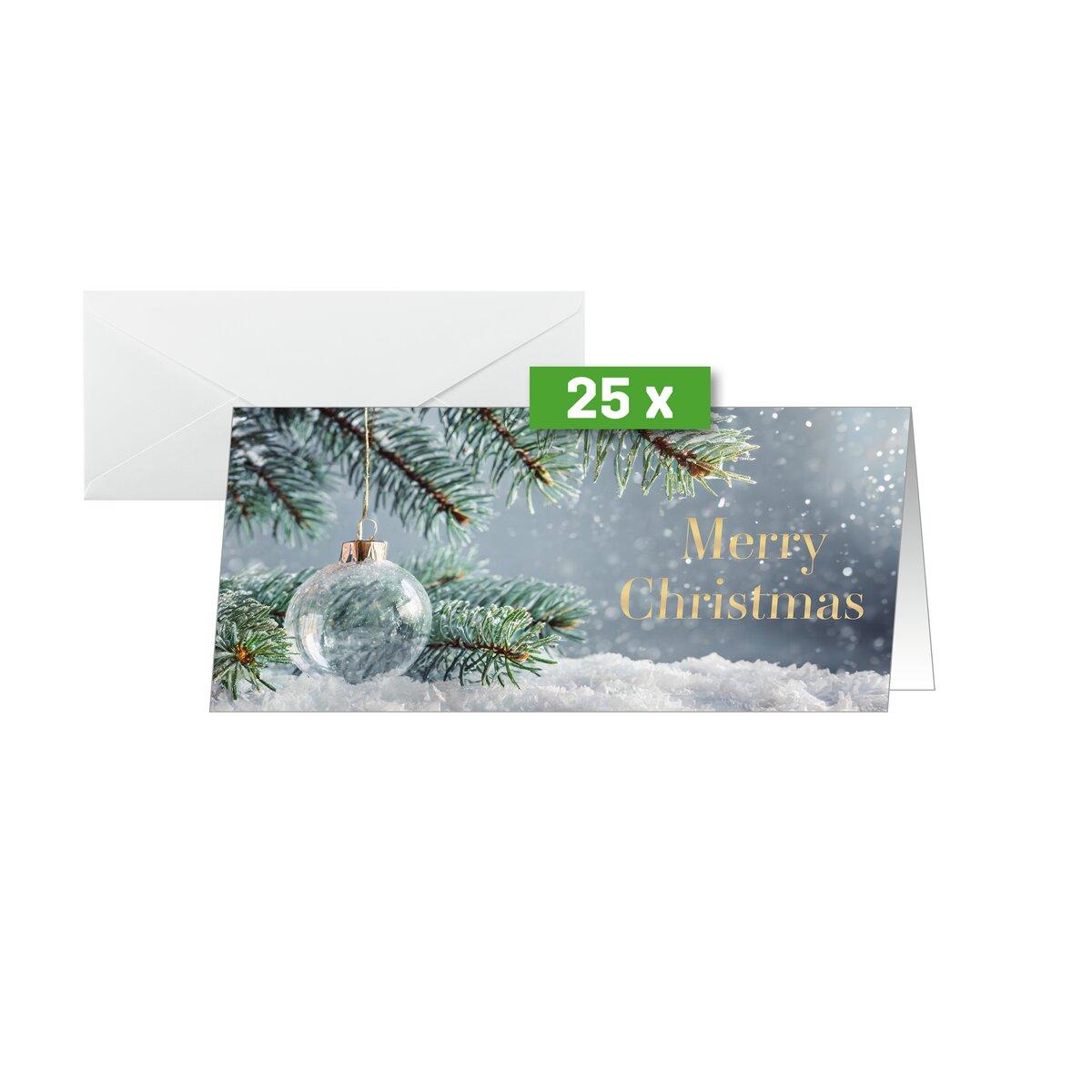 Christmas card with fir branch and ball snow background, text: Merry Christmas