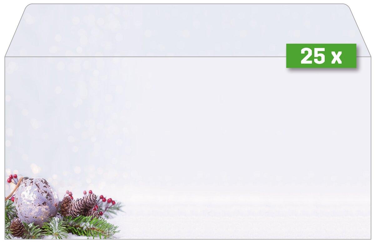White envelope, Christmas motif lower left with fir branches, cones and ball Green marking at the top right 25 x
