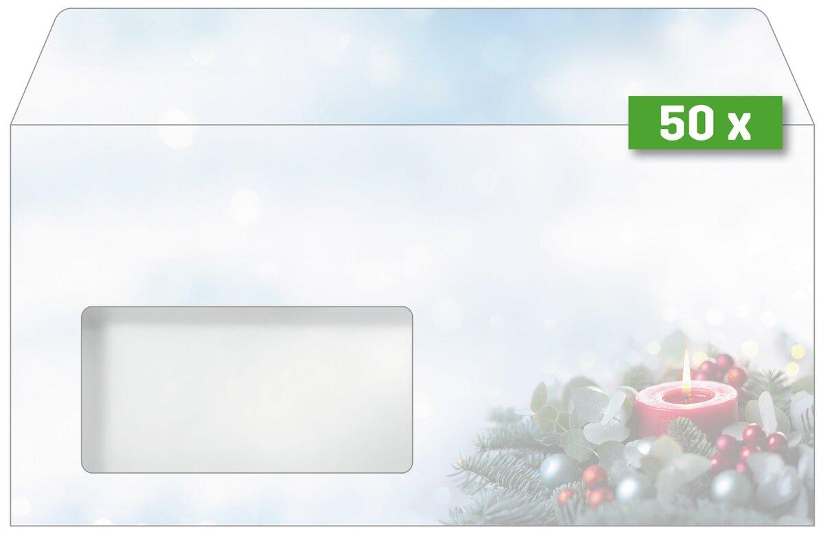 Envelope with window cutout, Christmas decoration with candle bottom right