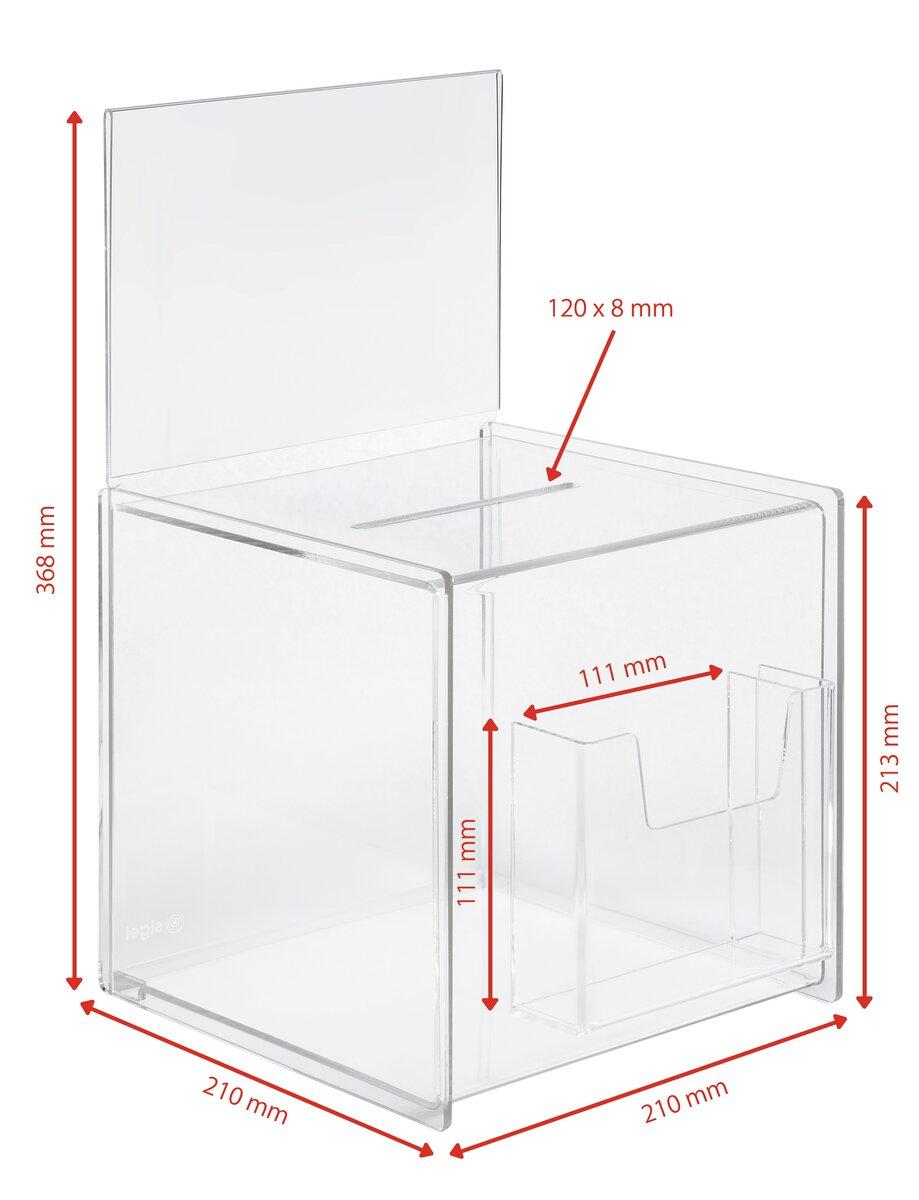 Transparent box with slot and brochure holder, dimensions given