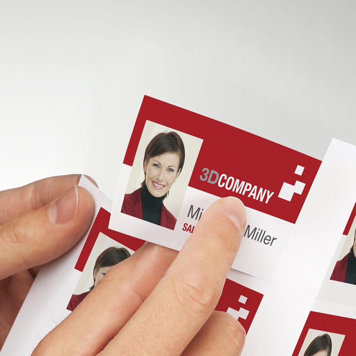 Business card with logo "3DCompany" and photo of a smiling woman hands holding the card