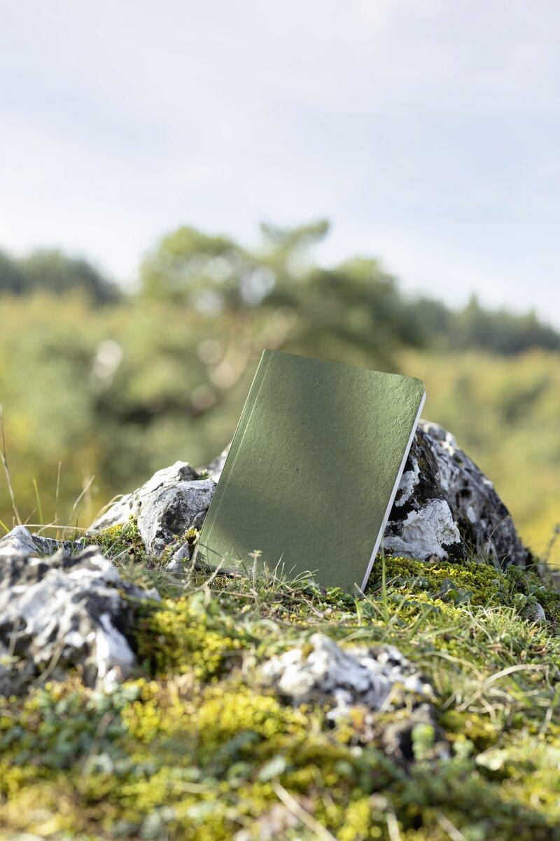 Notizbuch auf moosbewachsenen Steinen Hintergrund: unscharfer Wald