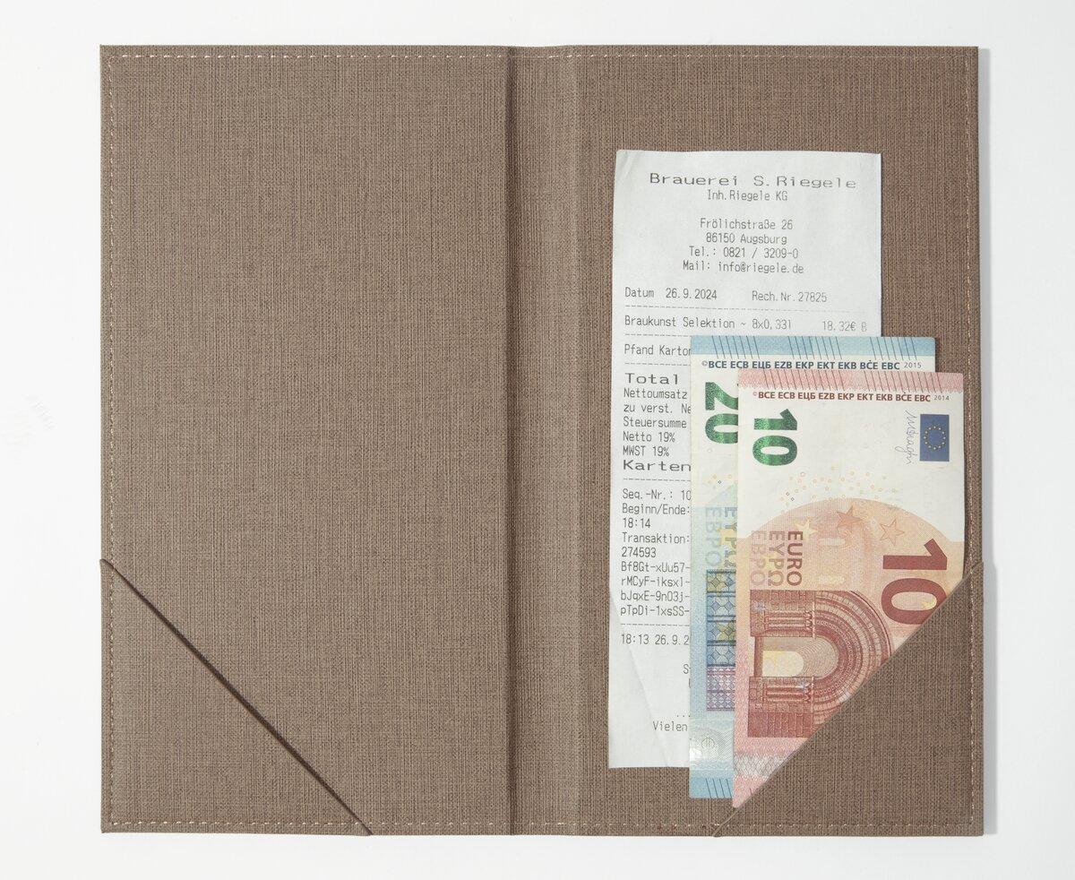 Receipt and euro banknotes in brown folder