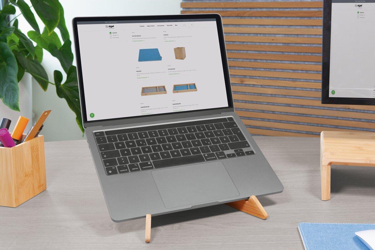 Laptop on wooden stand, website visible
